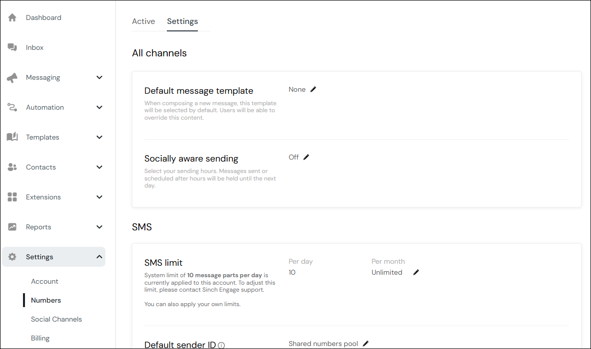 Screenshot of Numbers settings page