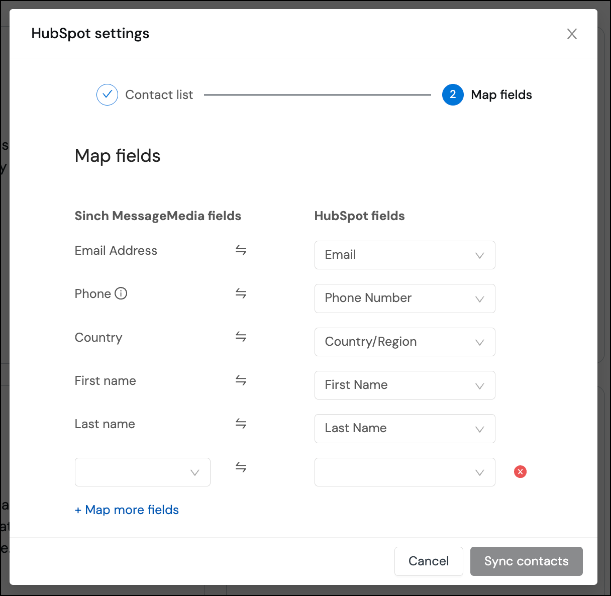 Map fields between Sinch and HubSpot with the ability to map more custom fields.