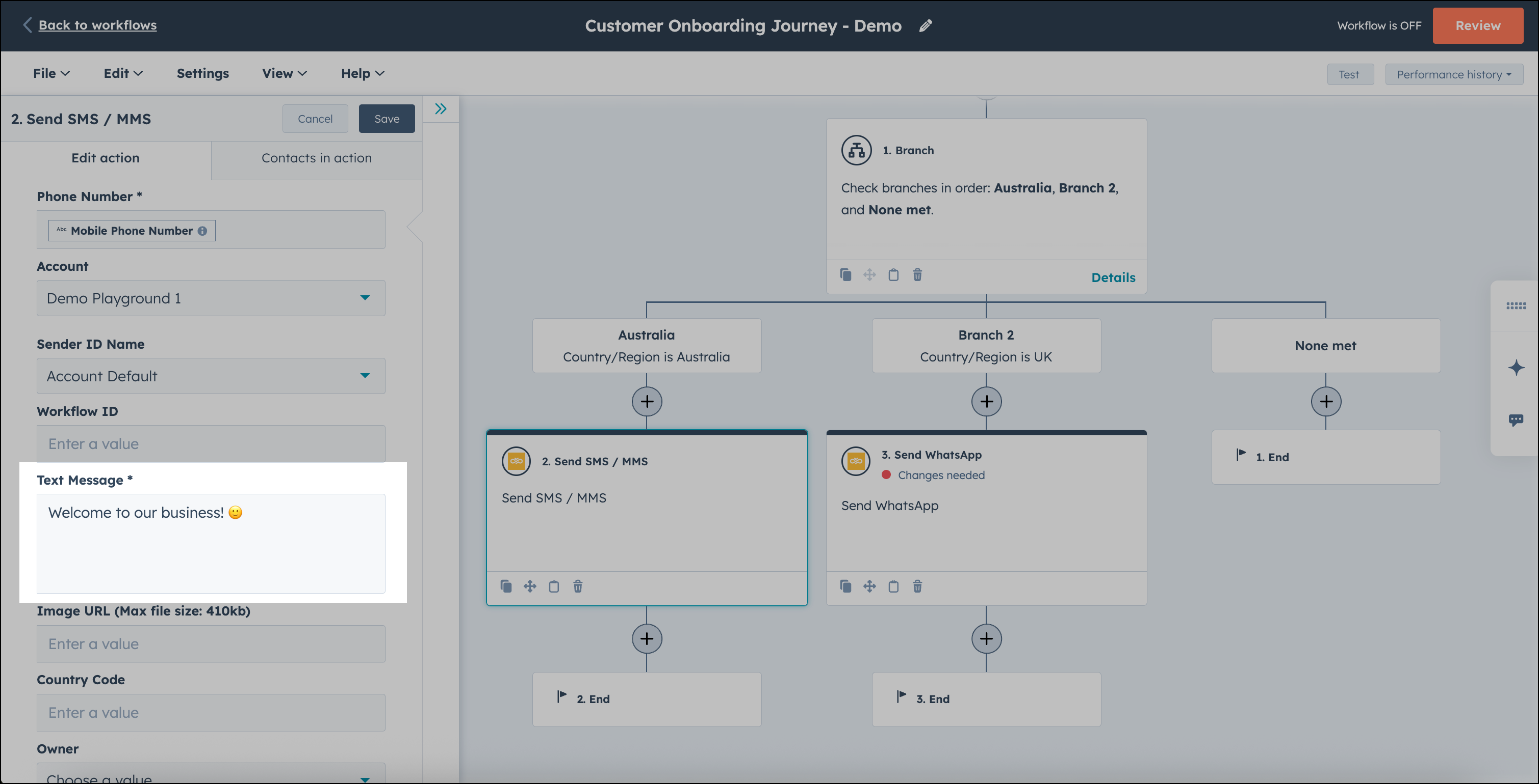 No special (Unicode) character detected alert in HubSpot workflows when composing a message.