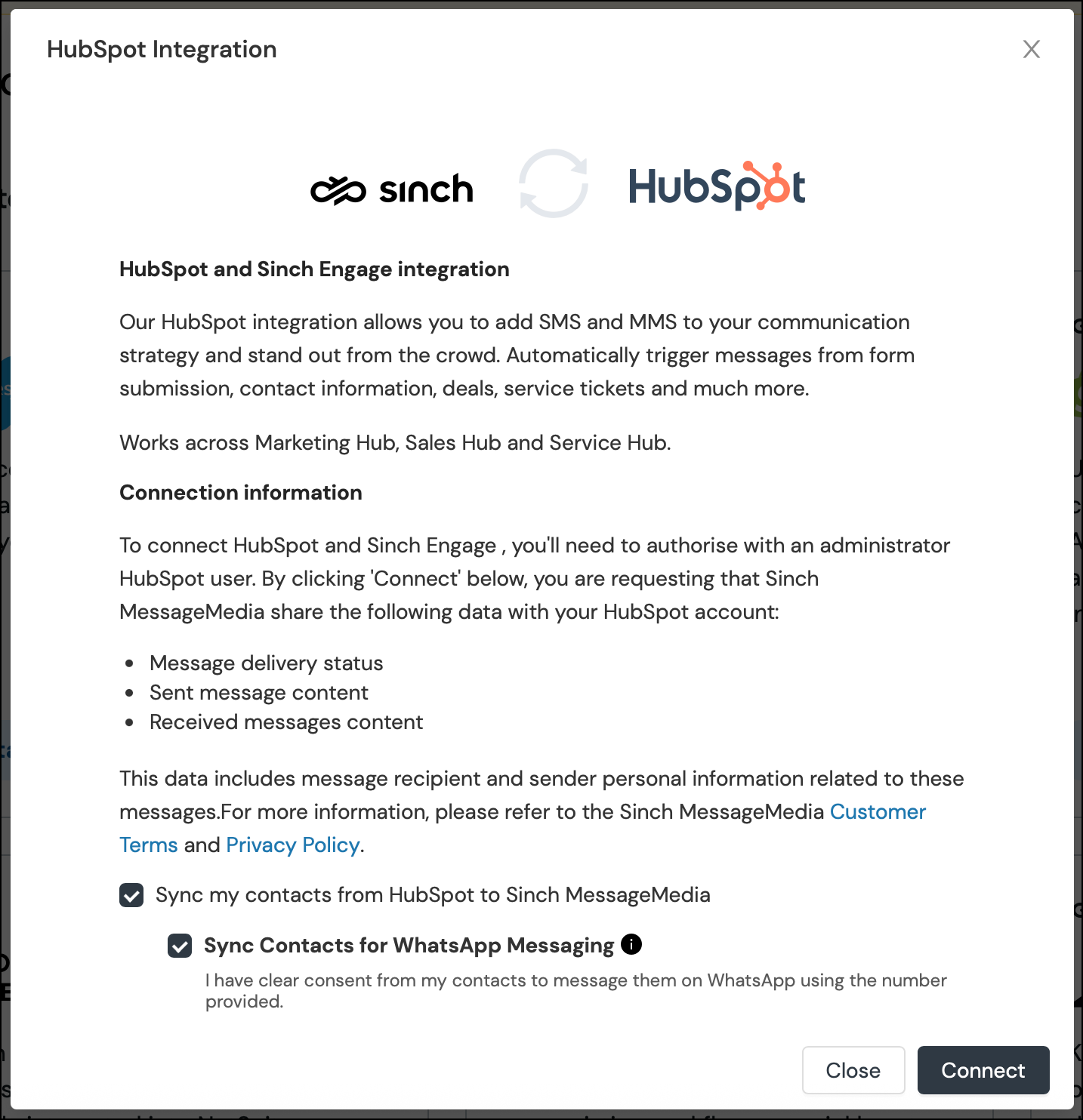 Connect to the HubSpot app from Sinch Integrations page.