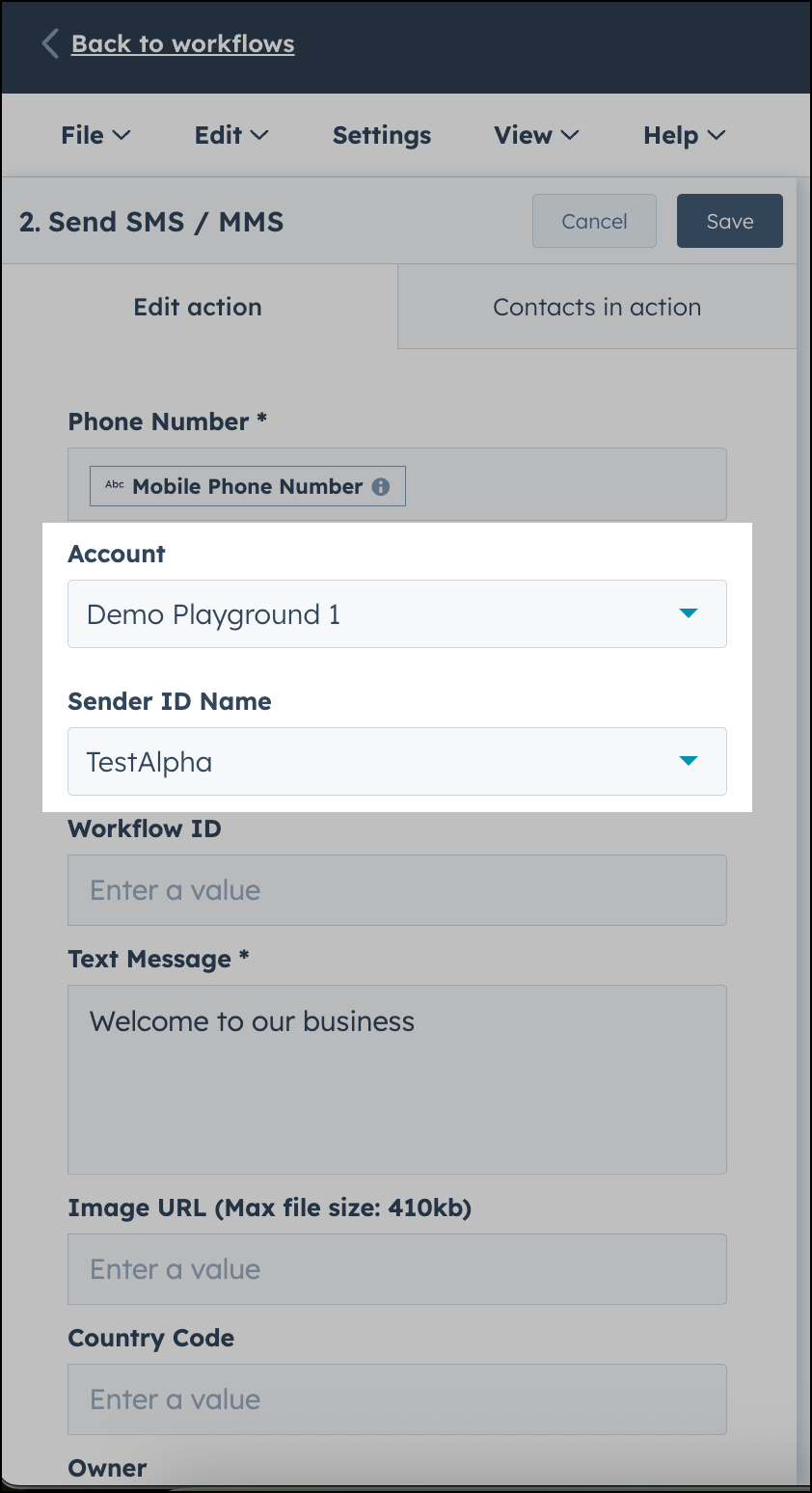 Account and Sender ID Name drop-down lists in the HubSpot Workflows action screen.