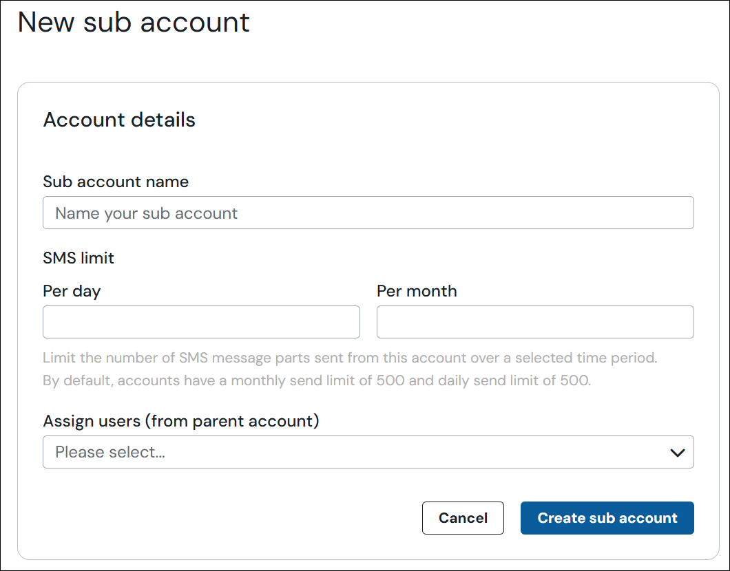 Captura de pantalla del modal "Nueva subcuenta" que muestra dónde escribir el nombre de la subcuenta, el límite de SMS y la lista desplegable para asignar usuarios.