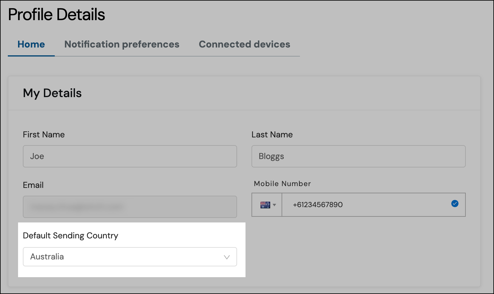 Sinch profile details showing the Default Sending Country.