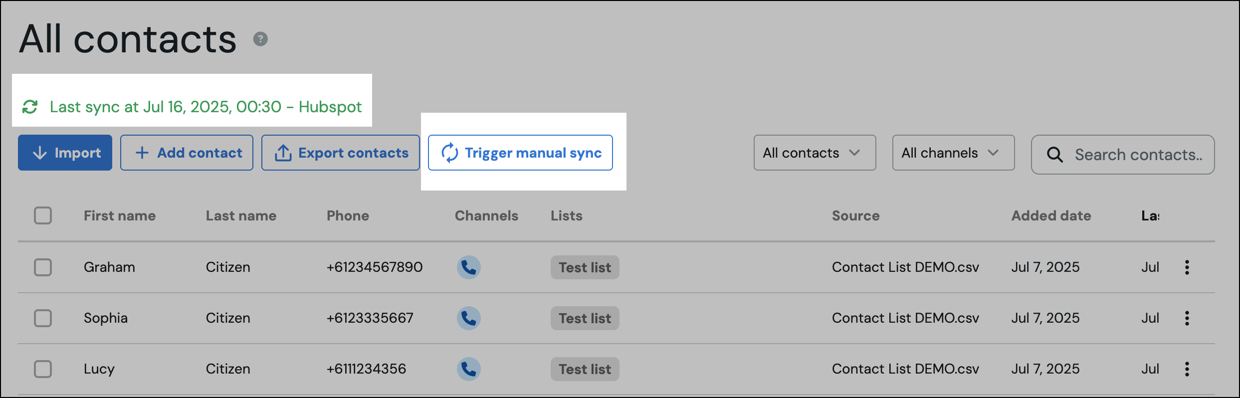 Contact sync status and ability to manually sync your contacts from the Contacts screen.