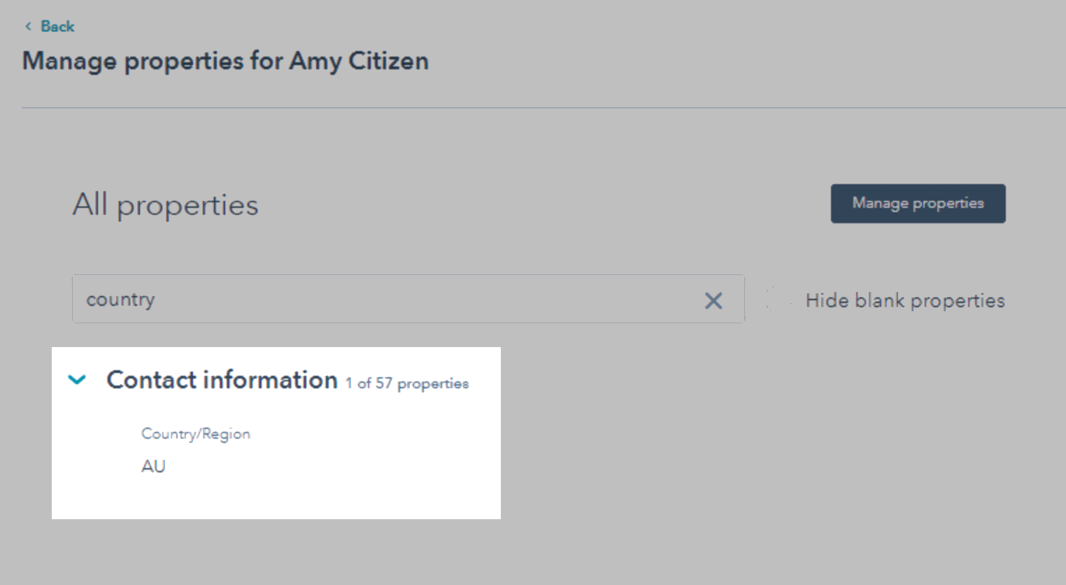 HubSpot manage properties screen for a contact showing the Country/Region field.