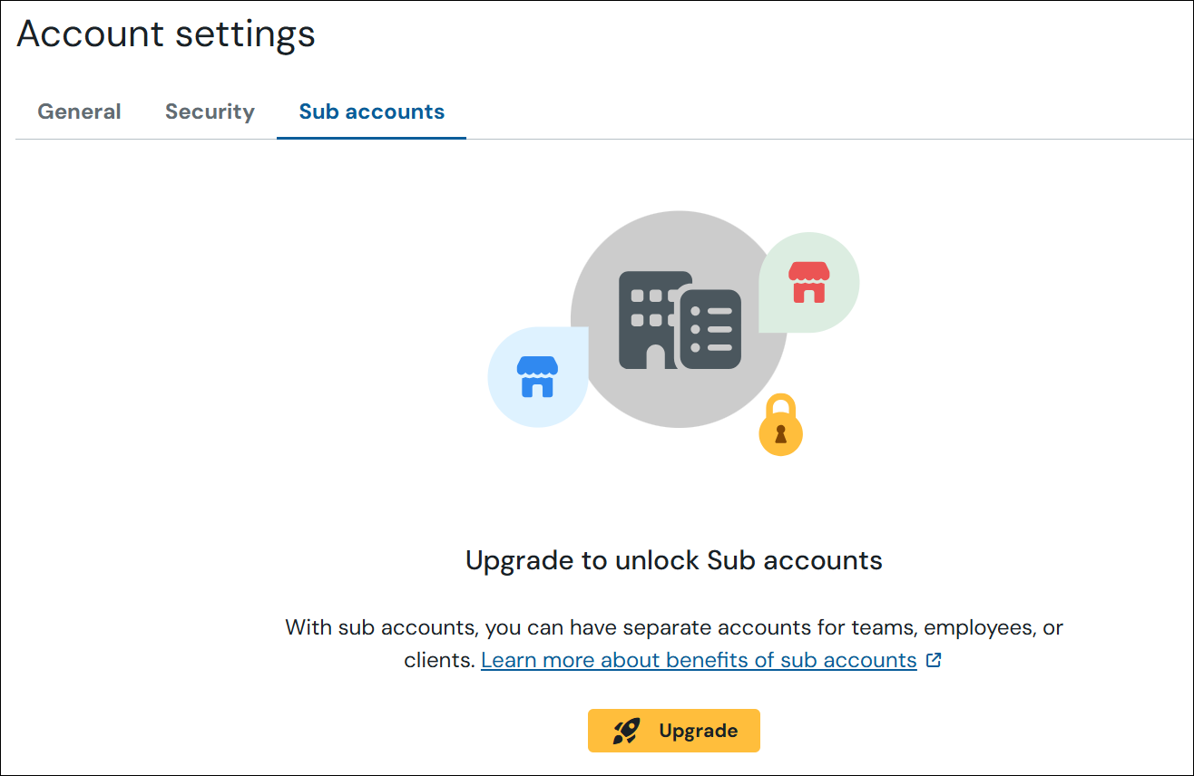 Capture d'écran de l'onglet des sous-comptes, qui se trouve sur la page des paramètres du compte. Le message suivant s'affiche : « Mettez à niveau pour accéder aux sous-comptes ». Les sous-comptes vous permettent d'avoir des comptes distincts pour les équipes, les employés ou les clients. Avec un lien vers cet article et un bouton « Mettre à niveau ».