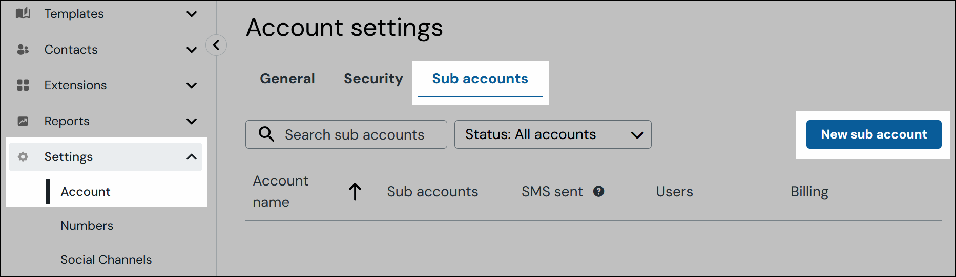 Screenshot der Webportal-Navigation, der zeigt, wo sich die Links Einstellungen, Konto, Unterkonten und Neues Unterkonto befinden. 