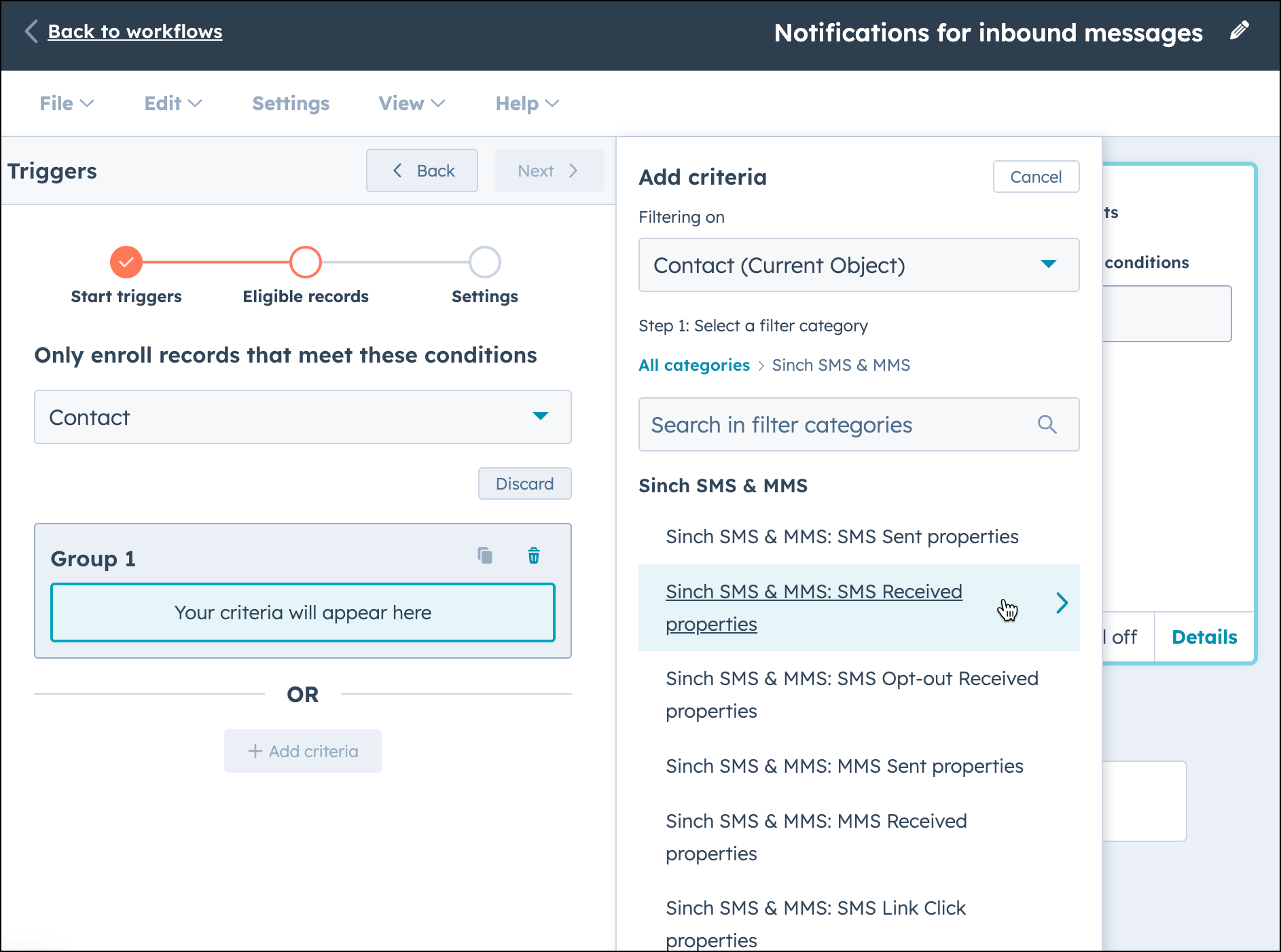 HubSpot workflow screen showing the add contact criteria and filter category options.