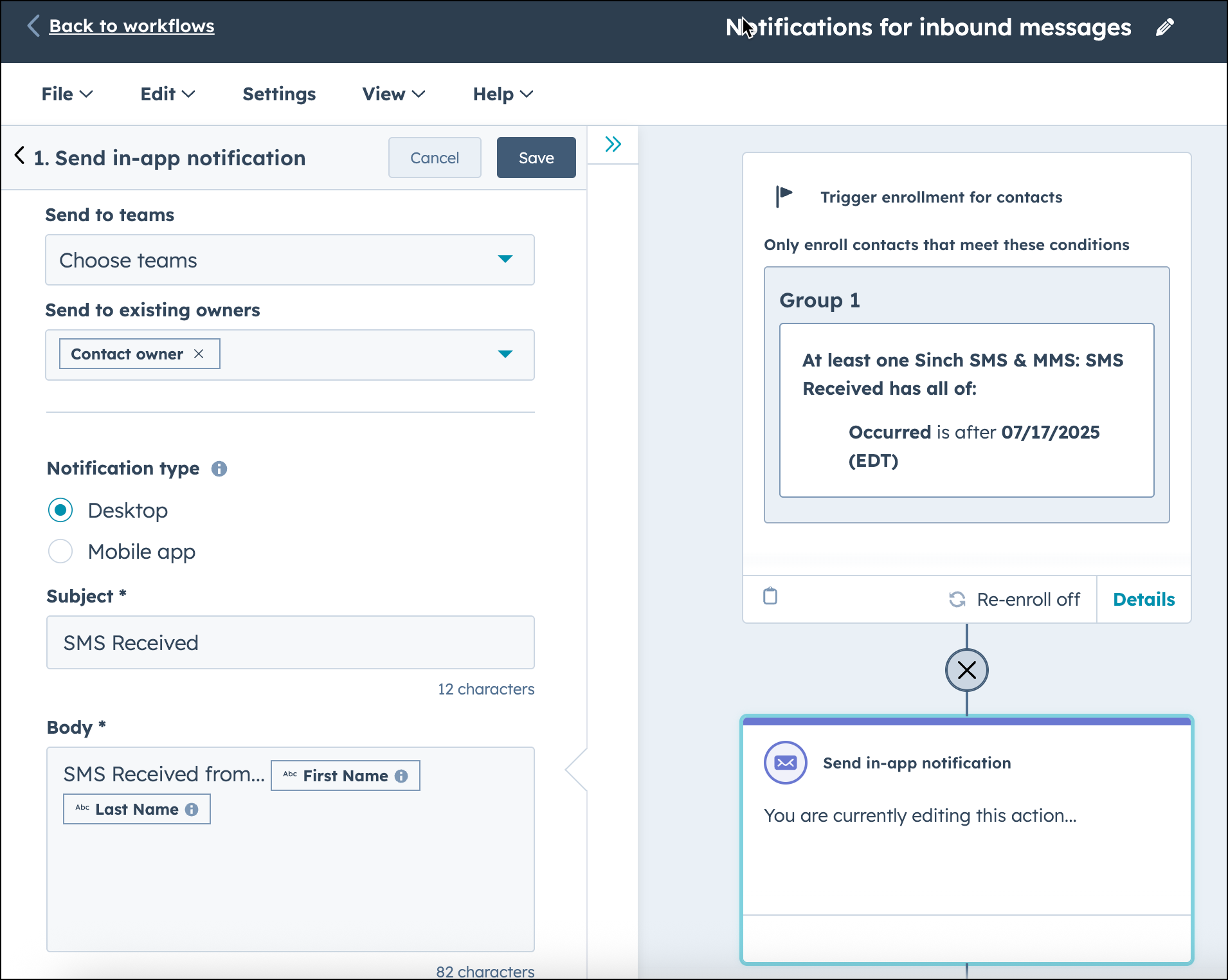 HubSpot workflow - send in-app notification configuration screen.
