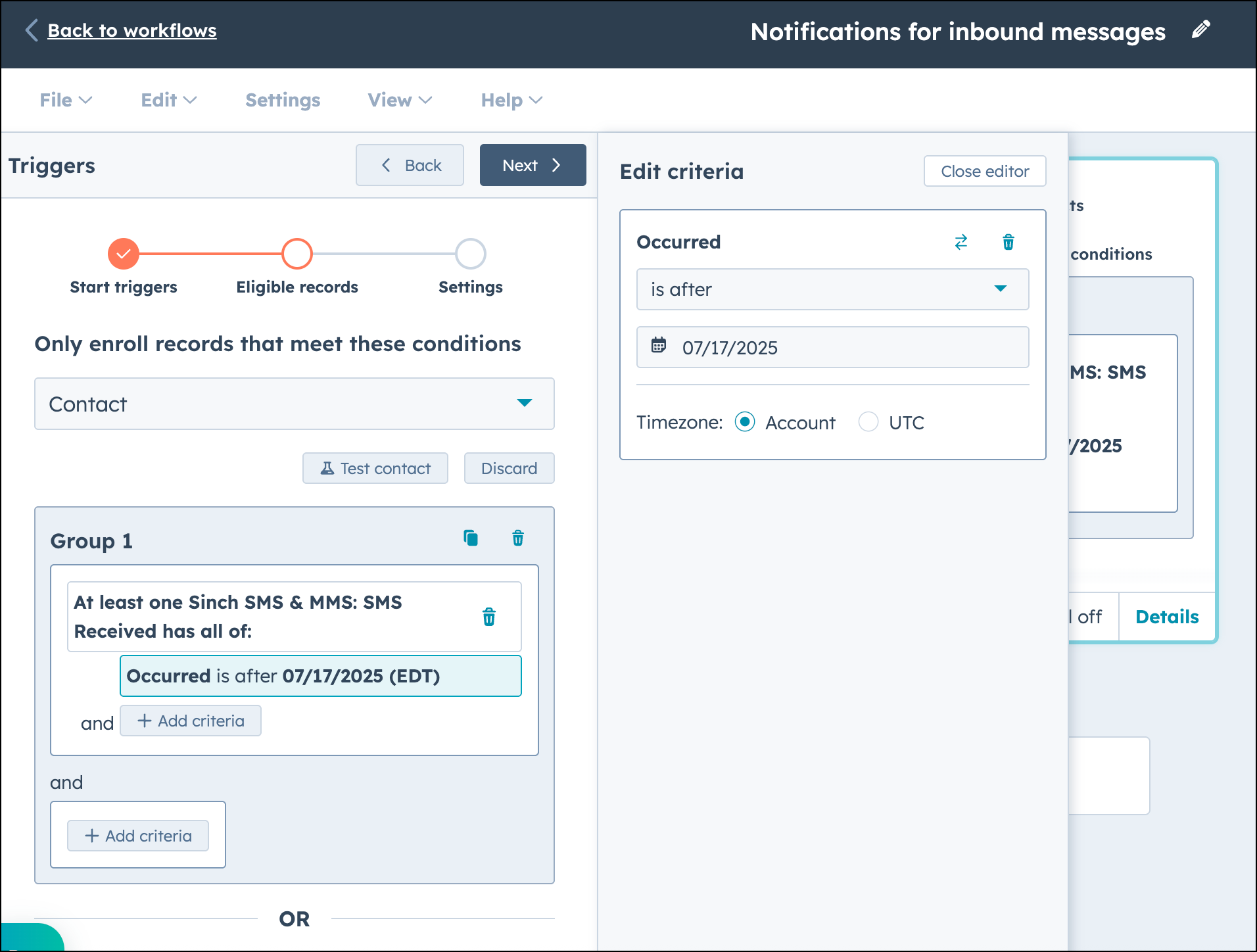 HubSpot workflow SMS Received properties - select date.