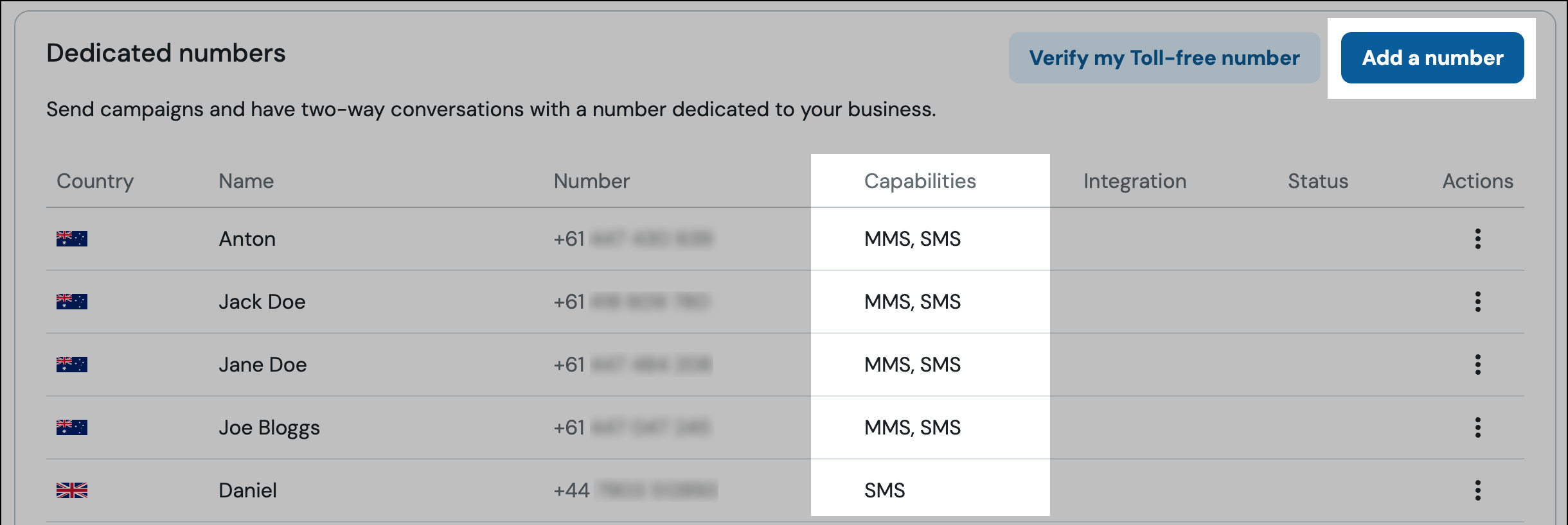 SenderID capabilities and Add a number option.