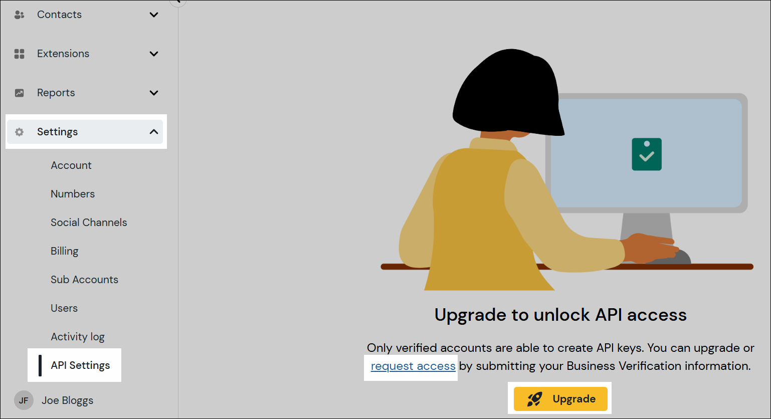 Screenshot showing the the location of the 'request access' and 'upgrade' buttons, which are located within settings and then API settings. 