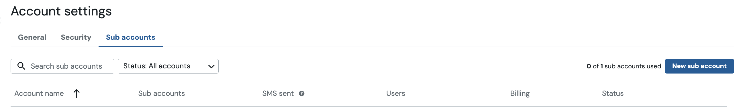 Sreenshot showing the sub accounts settings screen
