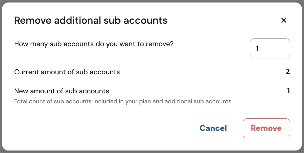Screenshot showing sub account removal confirmation modal, there is a field that requires the number of sub accounts being removed to be entered. There is a line showing how many current sub accounts there are and how many will remain after. There is a cancel button and a remove button.