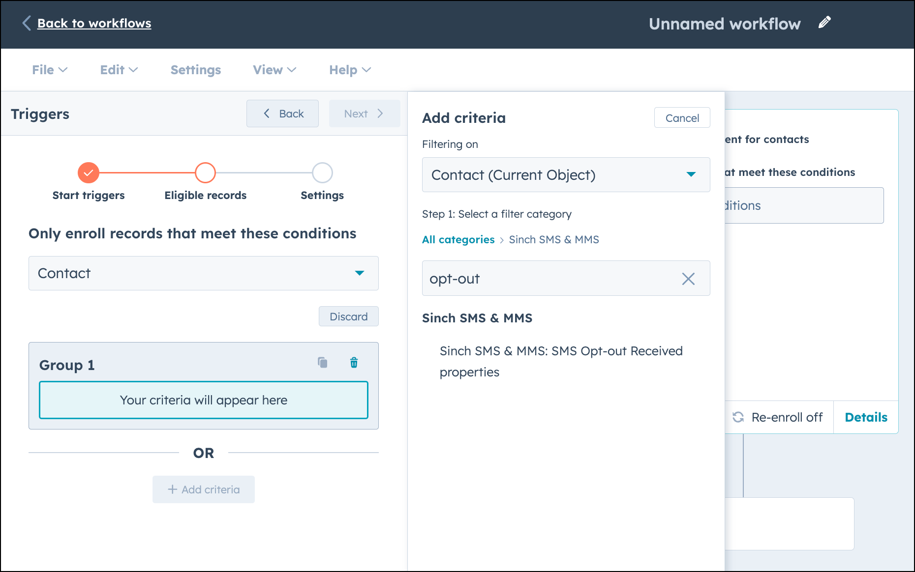 HubSpot workflow add SMS opt-out received trigger.
