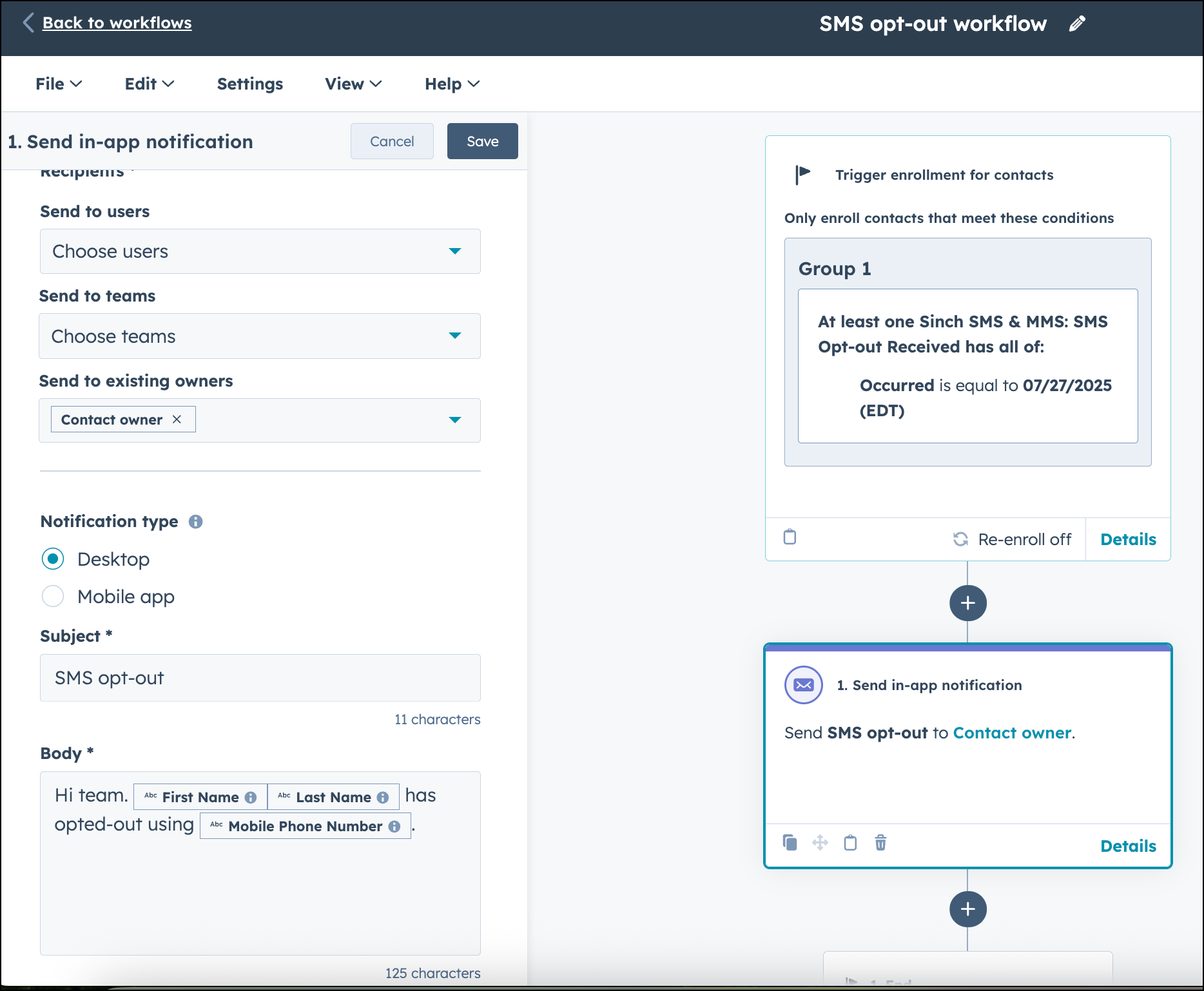 SMS opt-out workflow in-app notification settings.