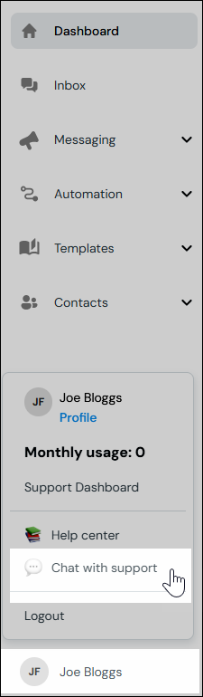Capture d’écran du volet de navigation gauche de la plateforme. En bas, l’utilisateur voit son nom. S’il clique dessus, la fenêtre modale Profil s’ouvre et lui permet d’accéder à l’option Support via chat.