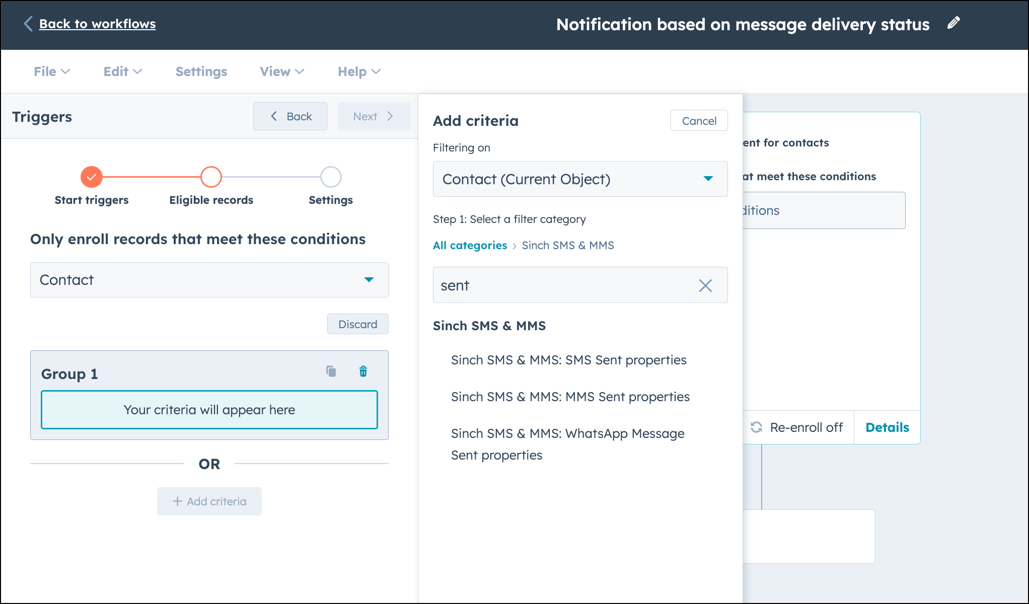 Select SMS sent properties for HubSpot workflow.