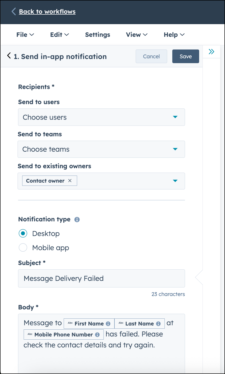Send in-app notification configuration in HubSpot workflow.