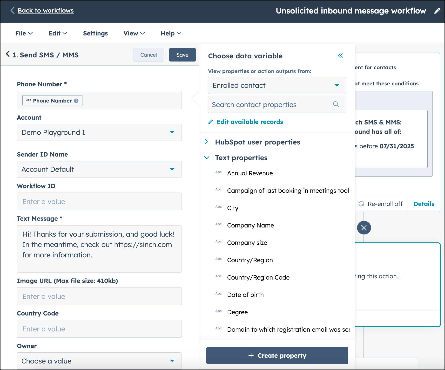 Configure the SMS or MMS action in HubSpot workflow.