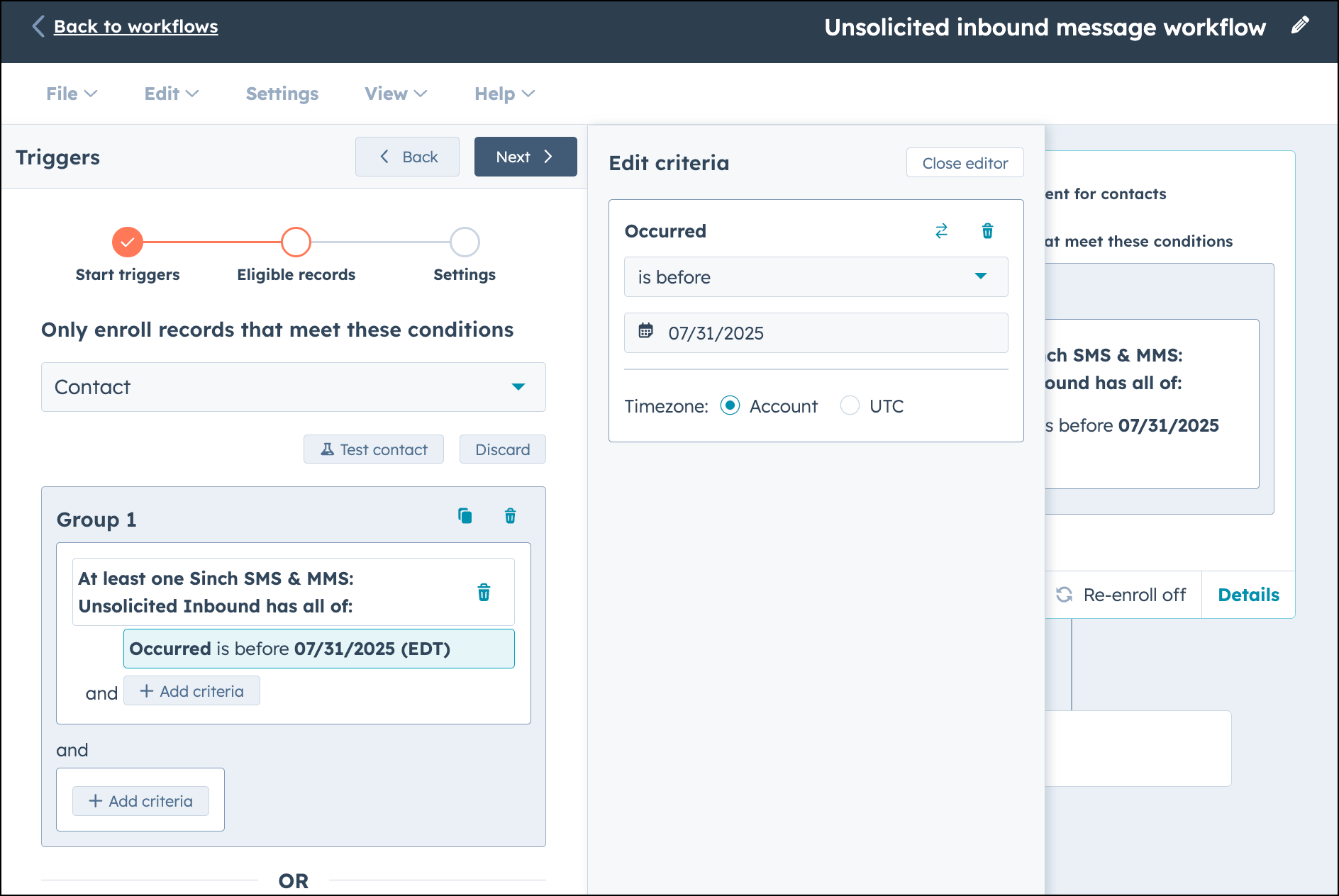 Unsolicited inbound message properties configuration in HubSpot workflow.