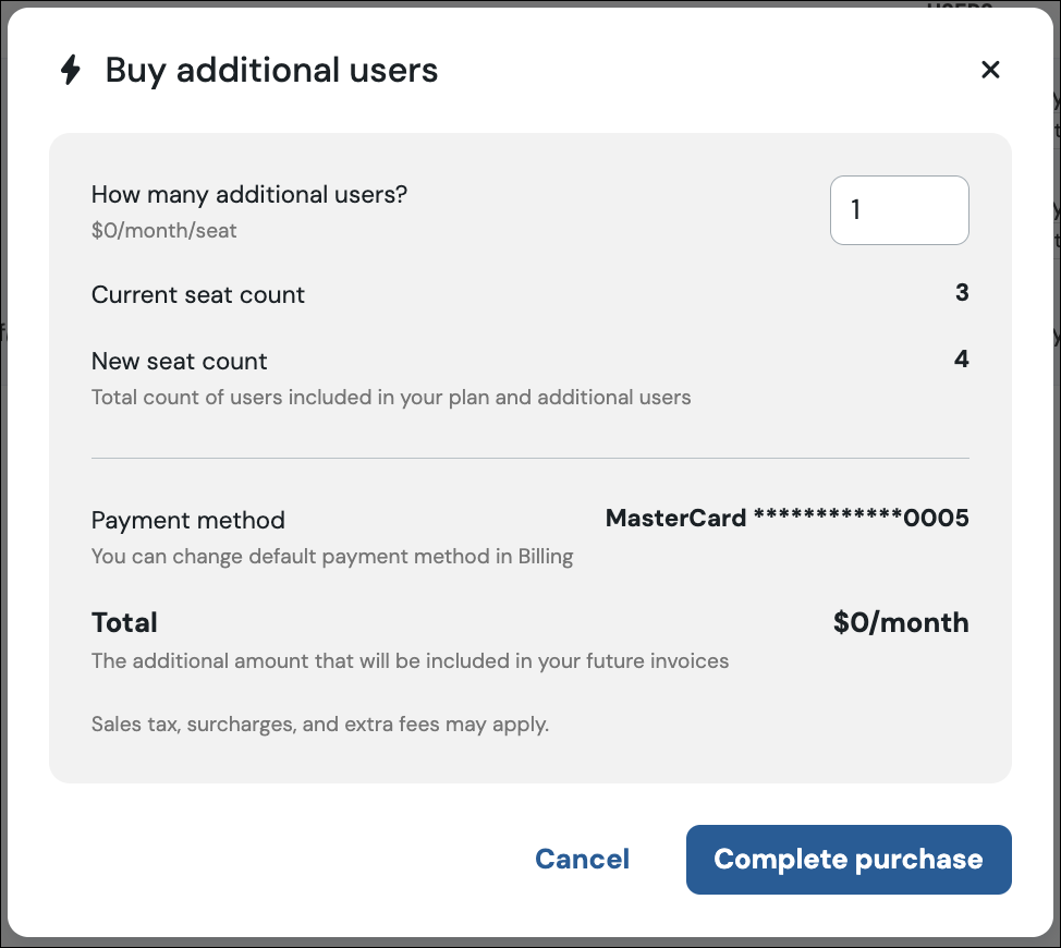 Capture d’écran montrant la fenêtre de confirmation qui s’affiche lors de l’achat d’utilisateurs supplémentaires. Vous pouvez saisir le nombre d’utilisateurs requis et le nombre total d’utilisateurs actuels, le nombre total d’utilisateurs après l’achat et le montant qui sera ajouté à votre facture mensuelle s’affichent.