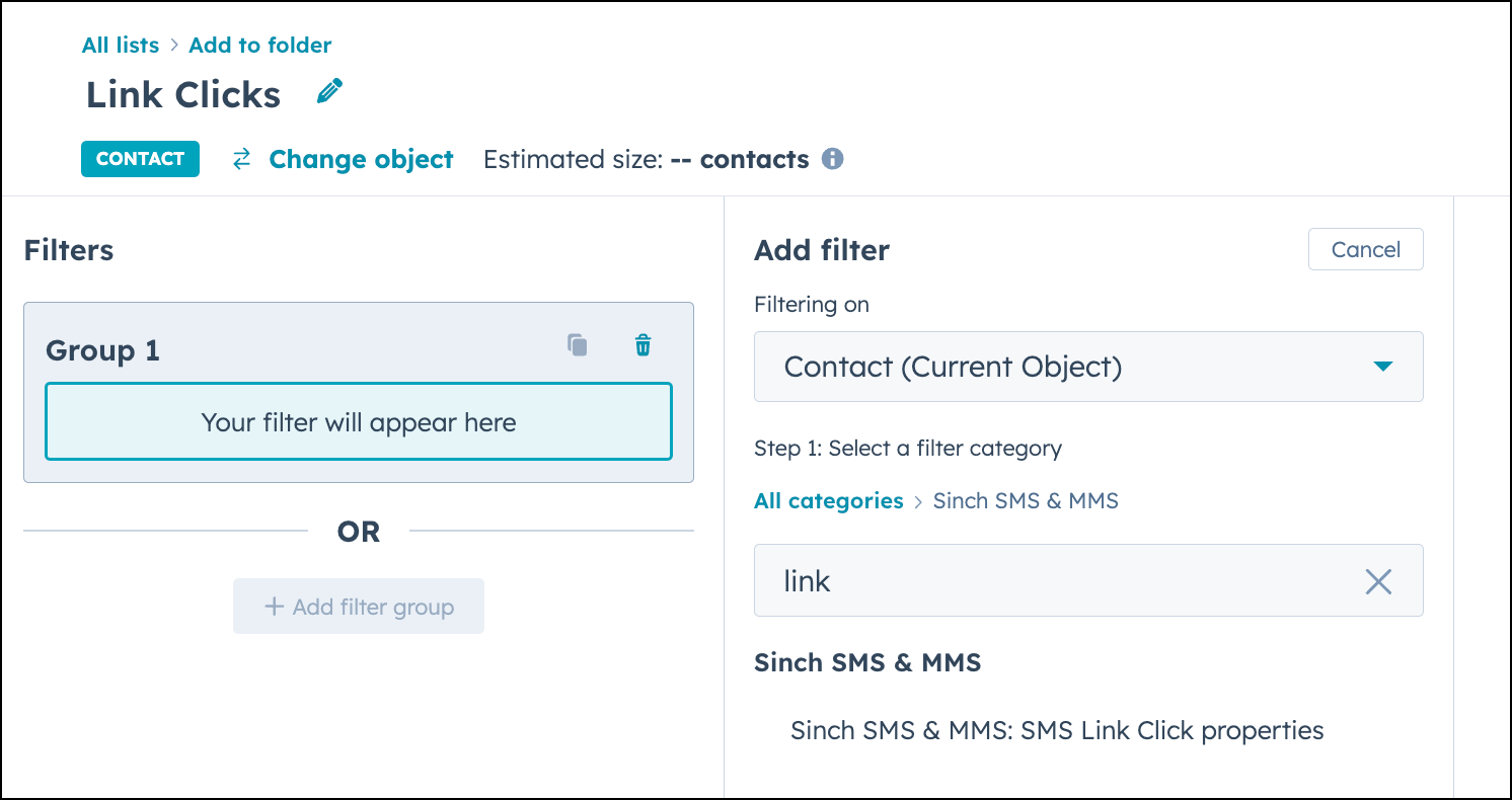 Create an active list in HubSpot called Link Clicks.