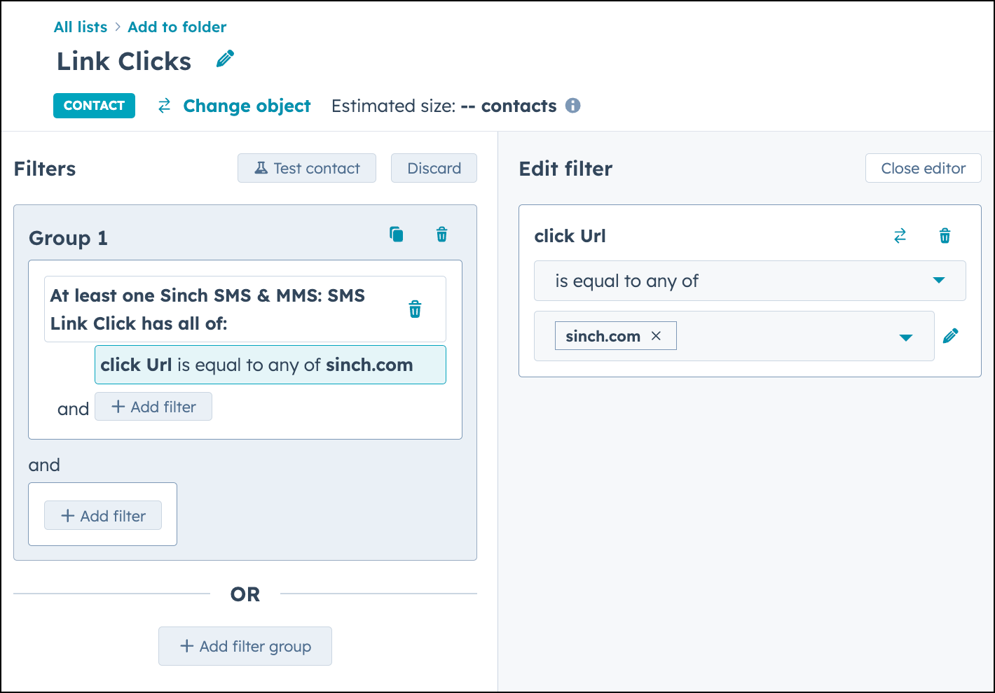 Create Link Clicks active list in HubSpot.