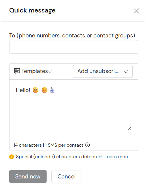 Screenshot showing emojis copied into the text editor of the Quick Message window.