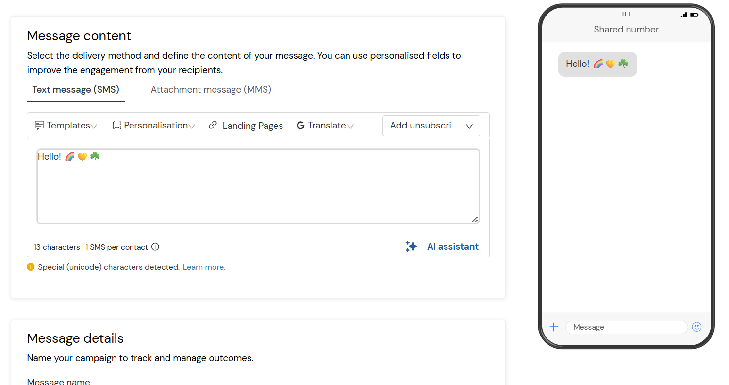 Screenshot showing emojis copied into the text editor of the New Campaign page.