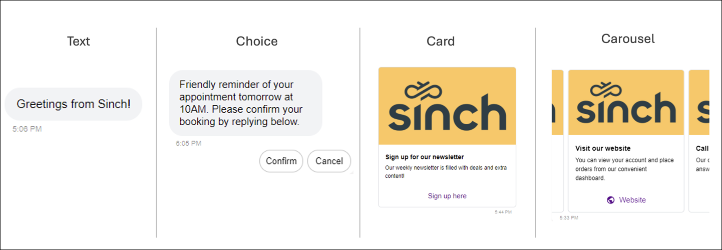 Screenshot of different message types