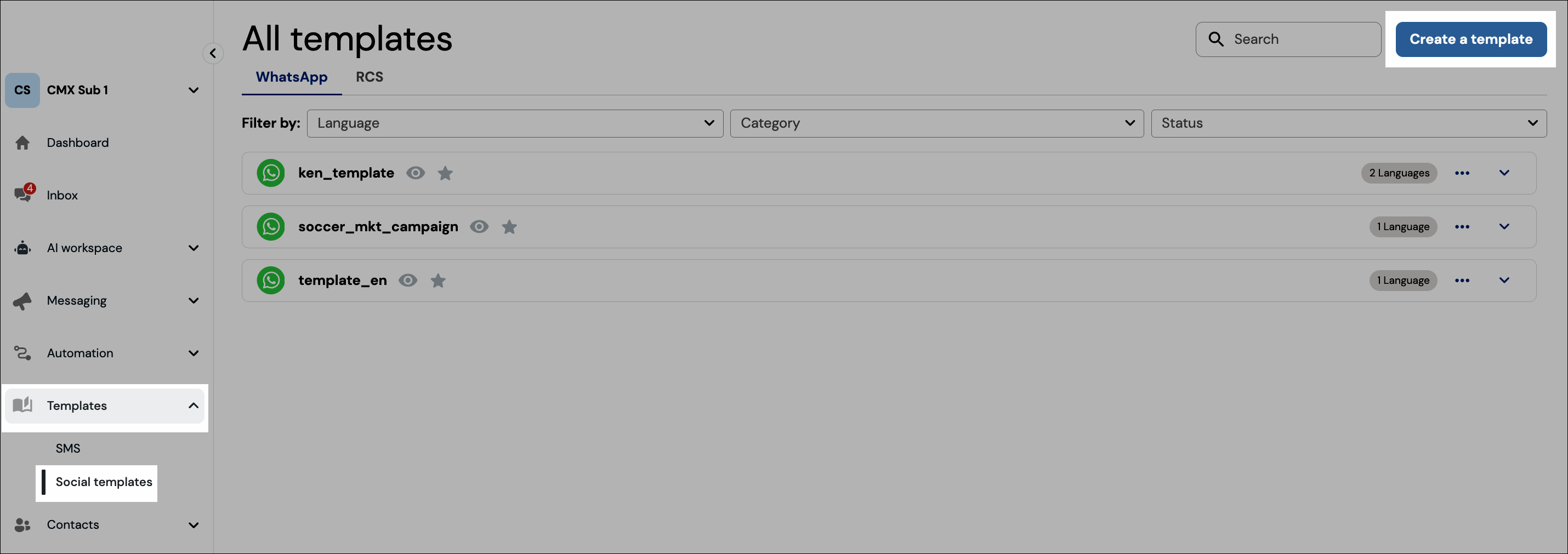 Screenshot of template creation navigation