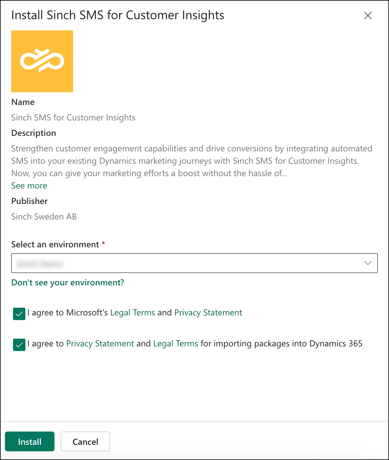 Select an environment to install Sinch SMS for customer insights.