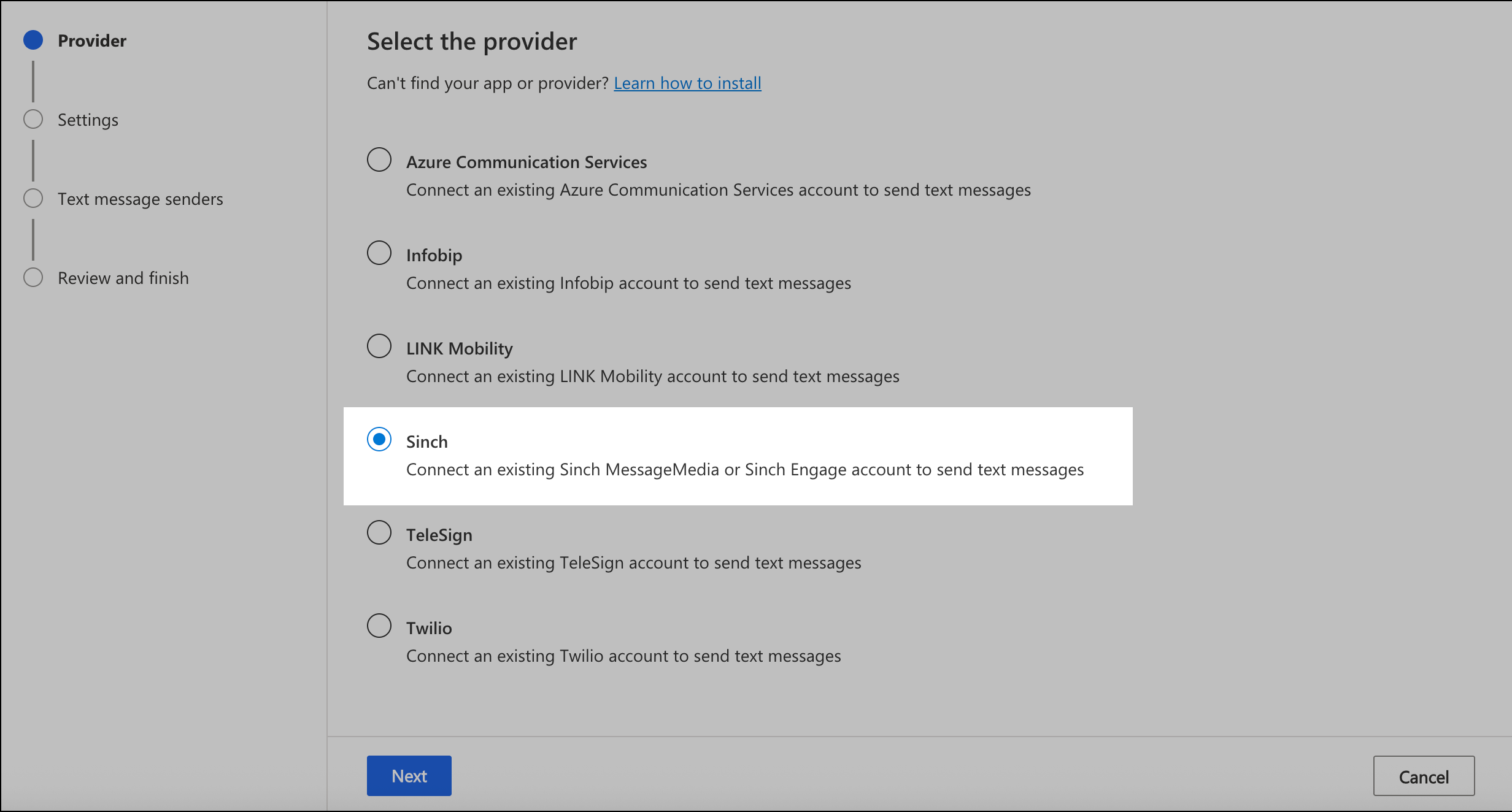 Select Sinch as the provider.