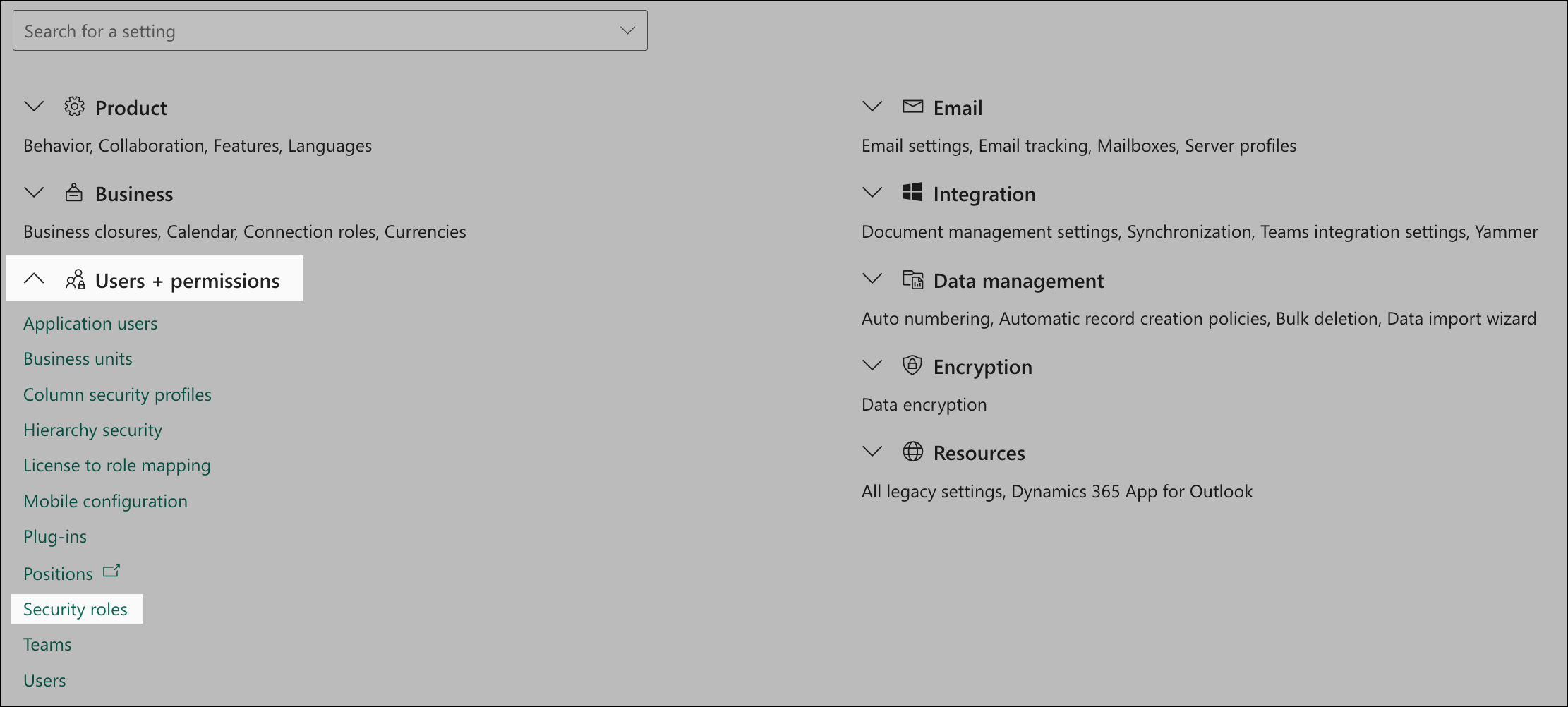 Security roles settings.