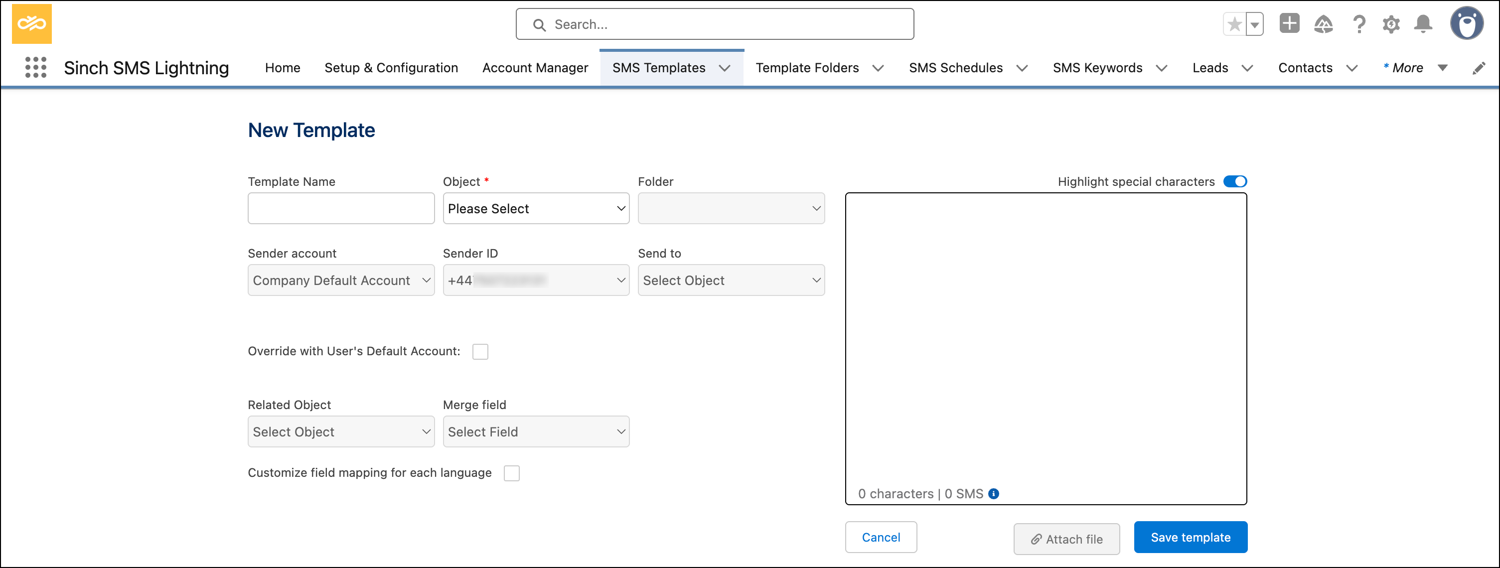 Create new SMS template for Salesforce.