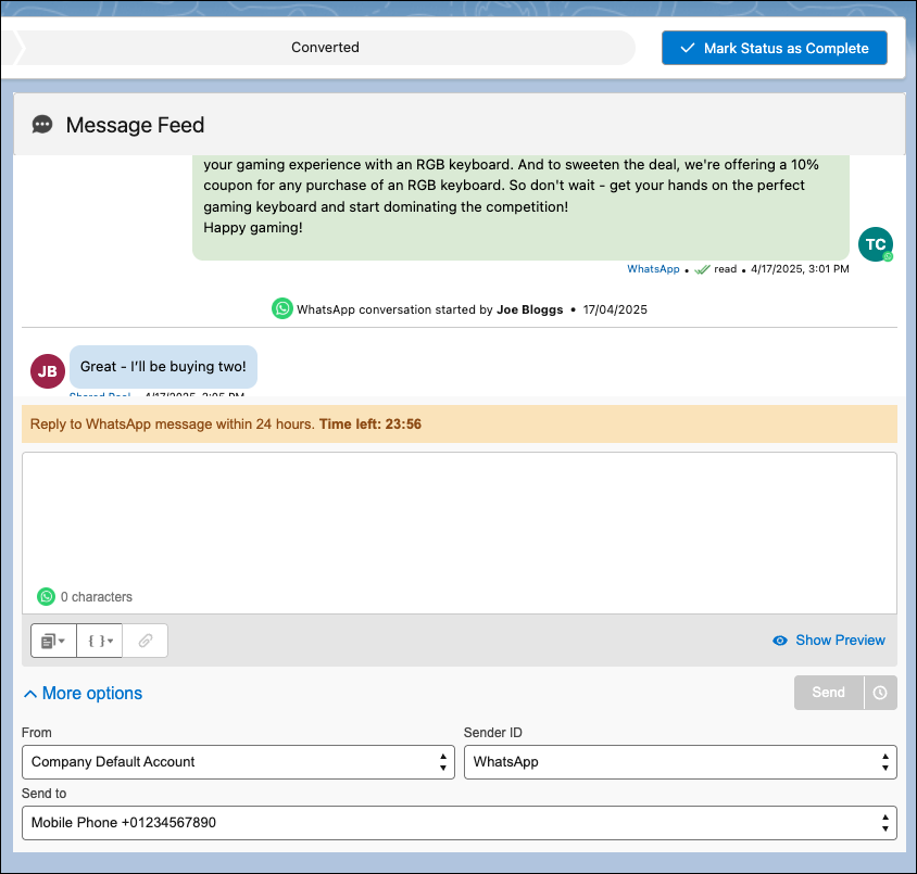Sinch SMS for Salesforce Message Feed.