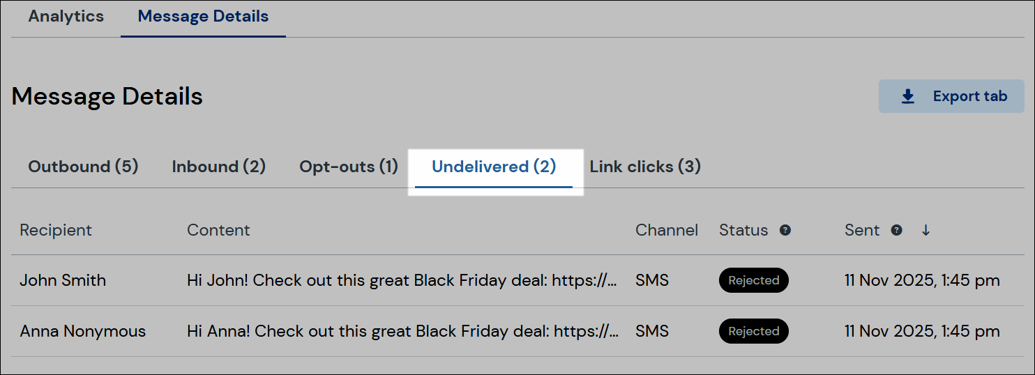 Undelivered tab