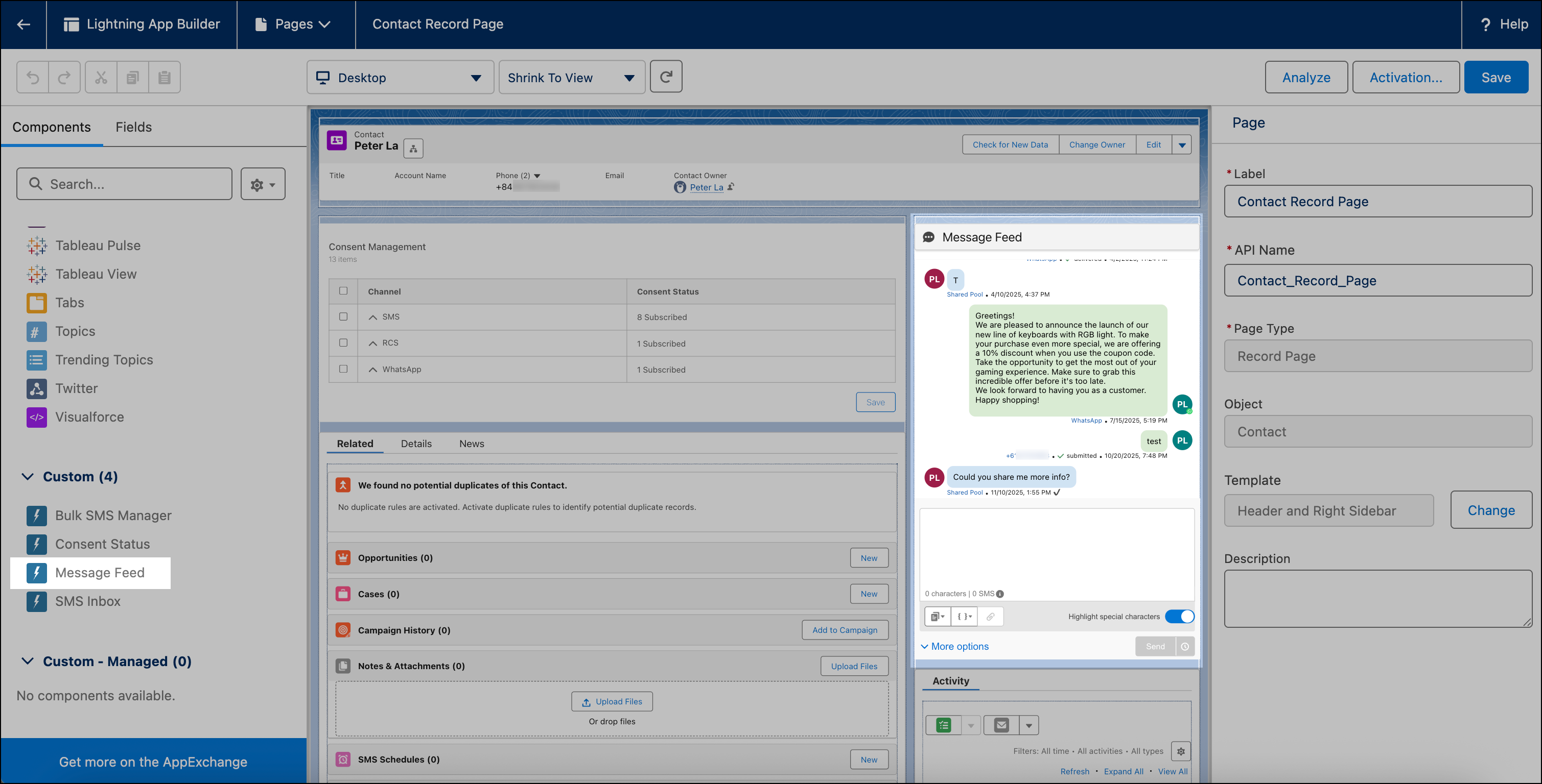 Add Message Feed in Lightning App Builder.
