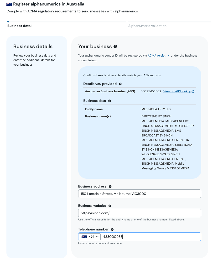 Australia | Alphanumeric sender ID registration - Direct customer flow ...
