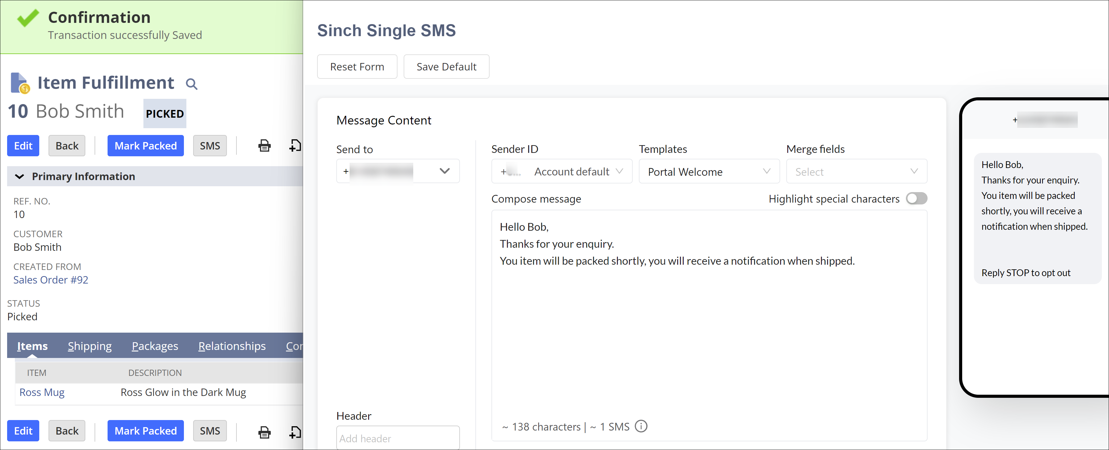 SMS button item fulfillment.