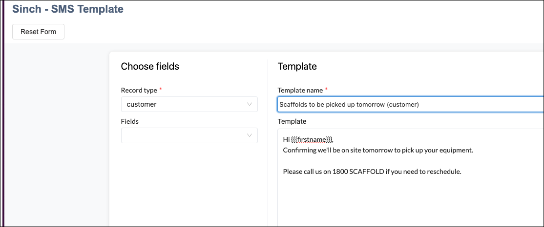 SMS template for customer record type.
