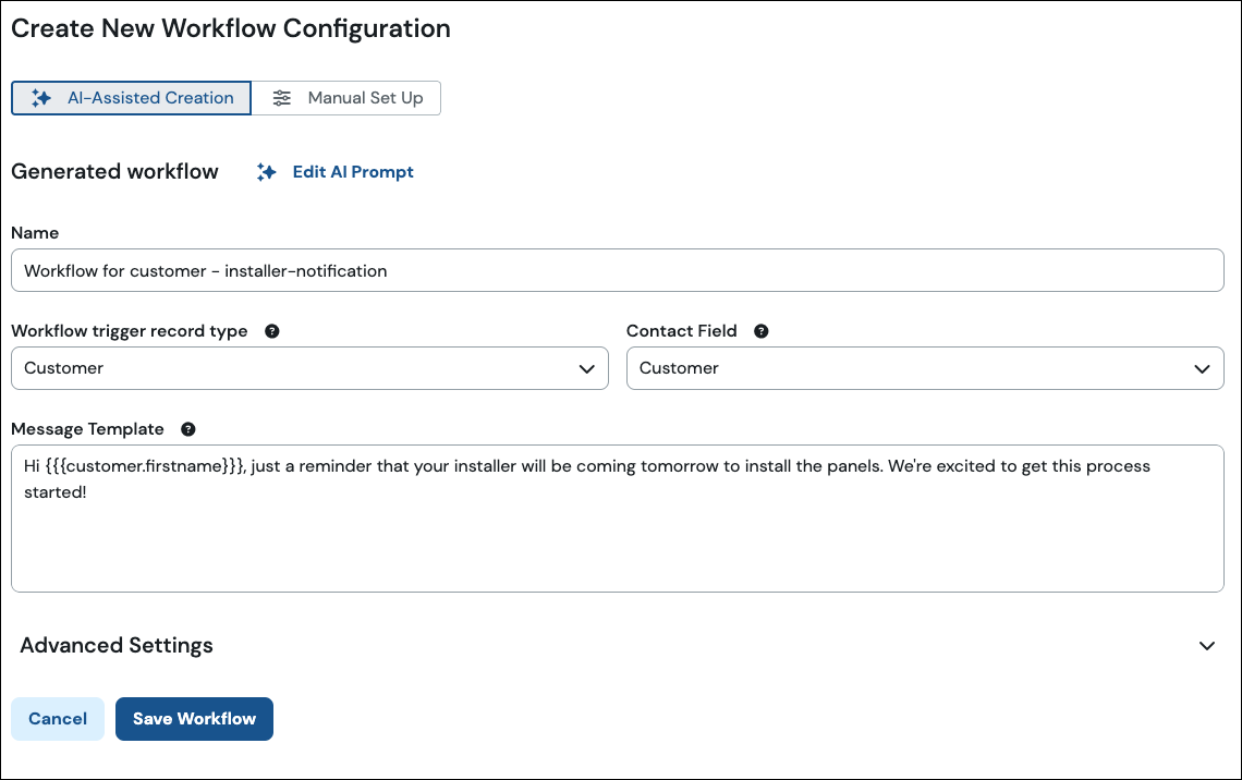 New workflow configuration - AI Assisted.