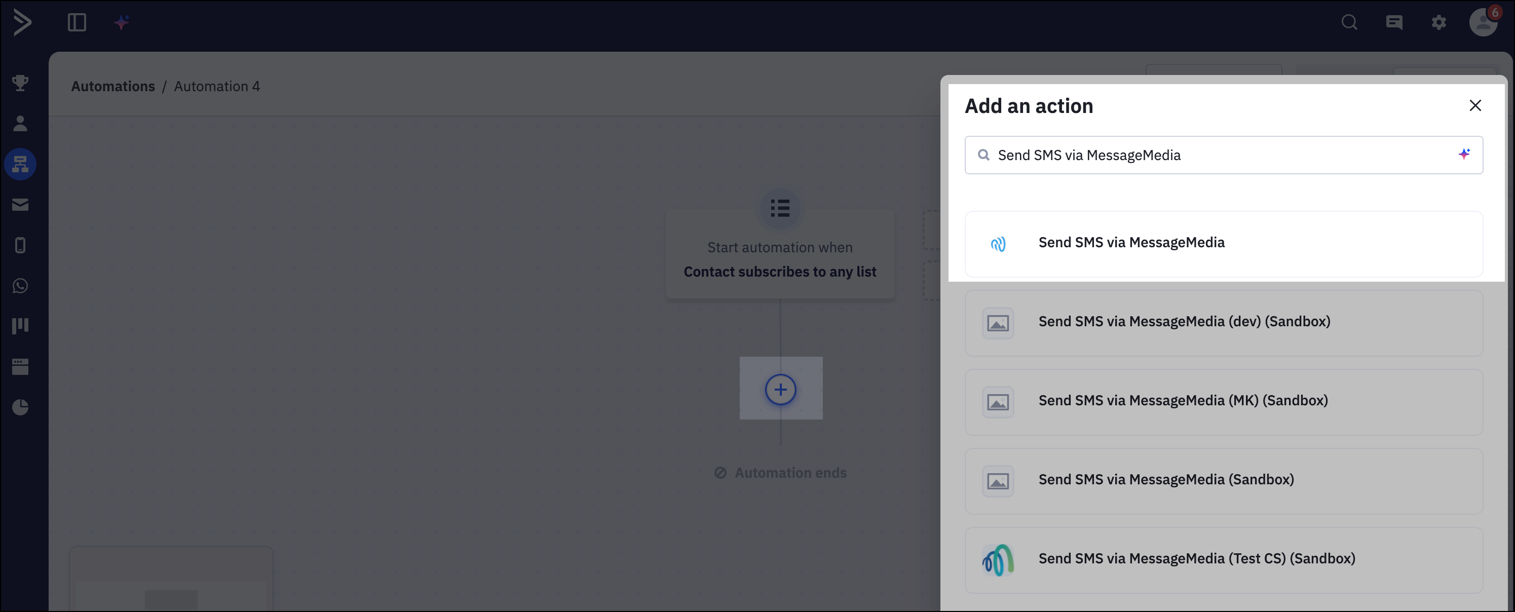 Add SMS via MessageMedia action in ActiveCampaign workflow.