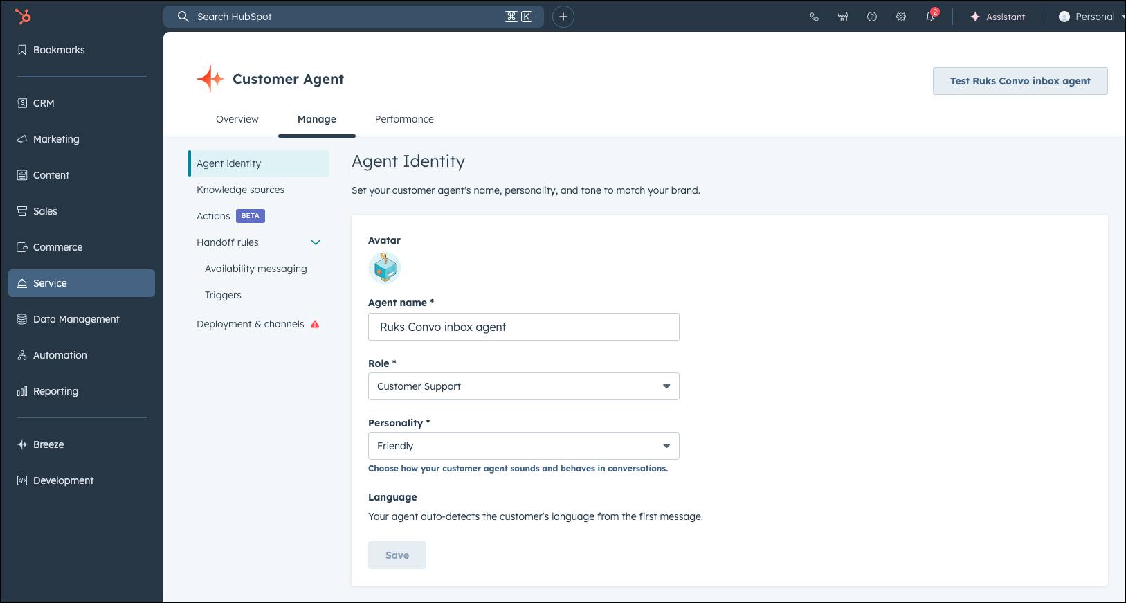 Create Customer Agent in HubSpot.
