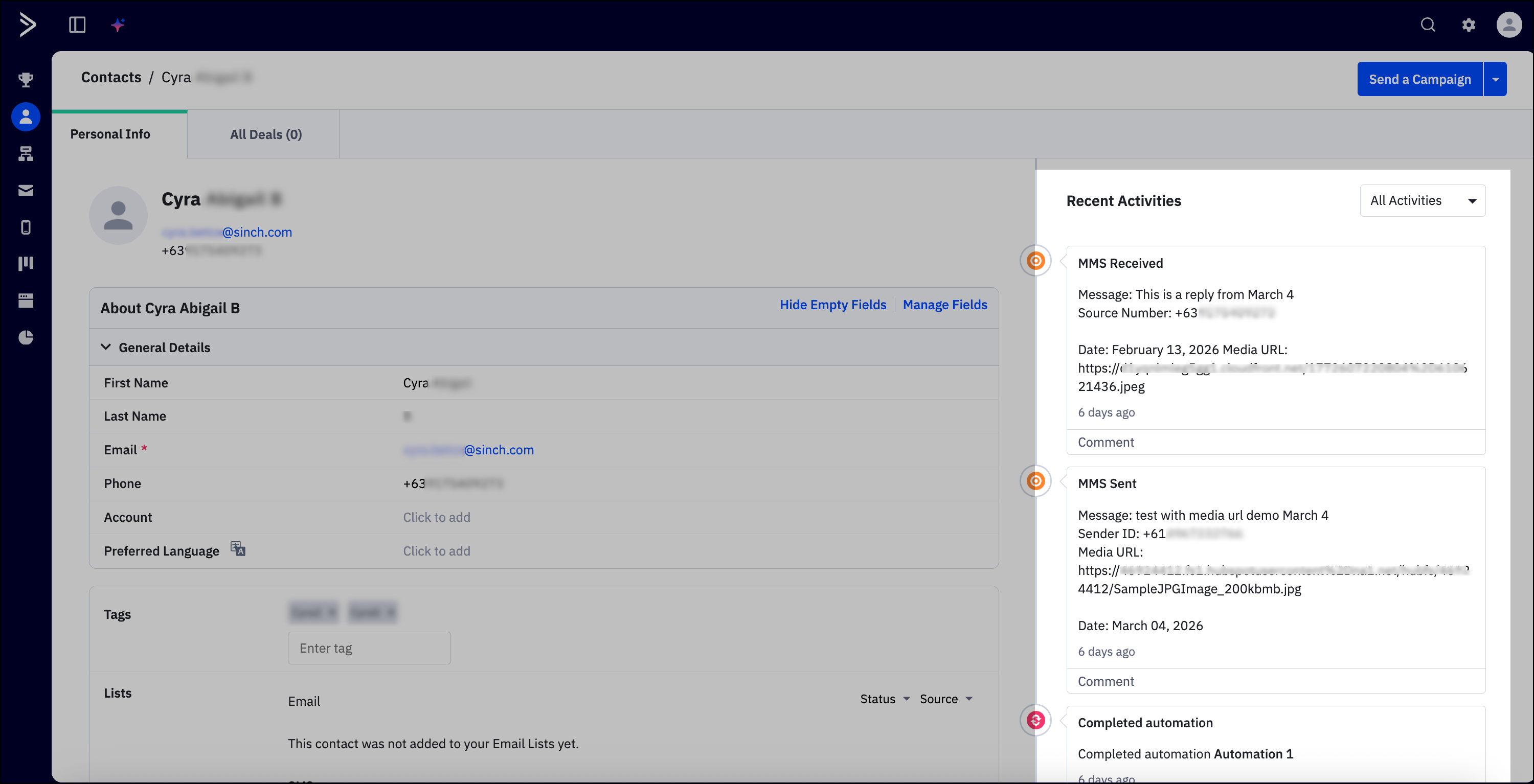AC MMS in contact history recent activities tab.