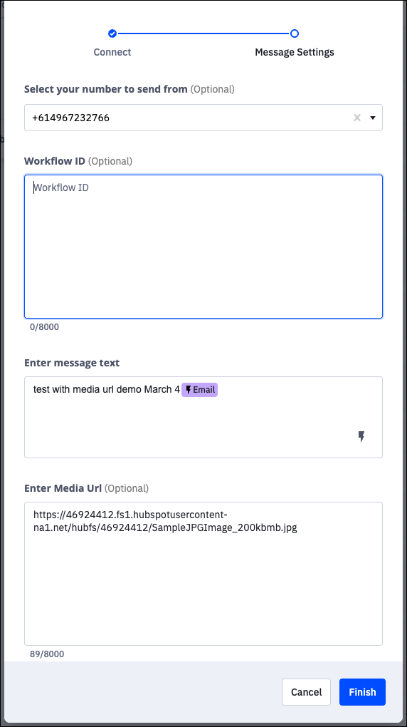 AC send SMS or MMS in workflow.