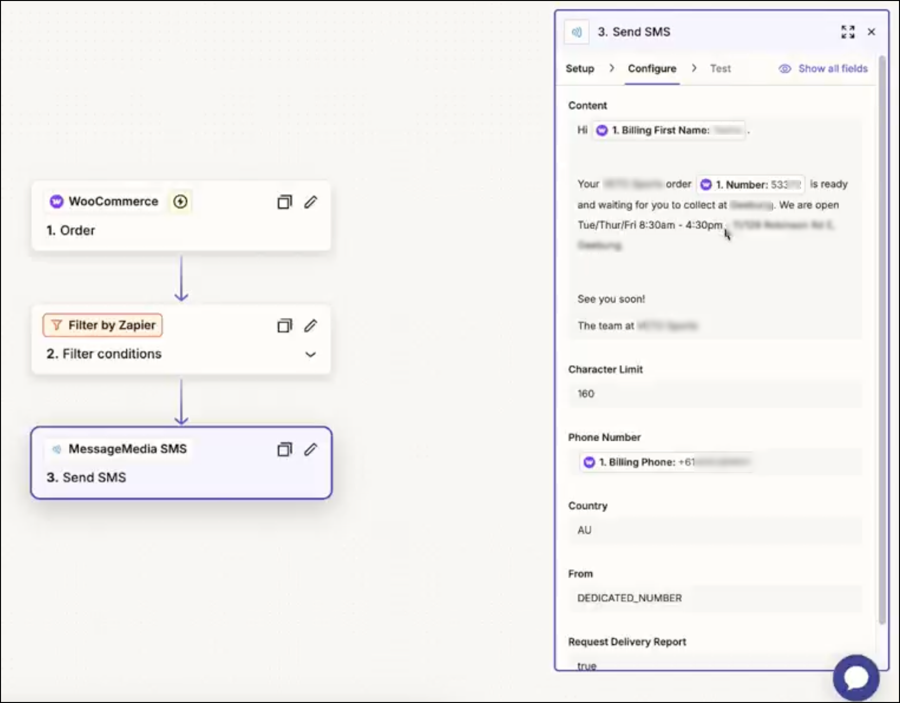 Zapier WooCommerce SMS automation send SMS.