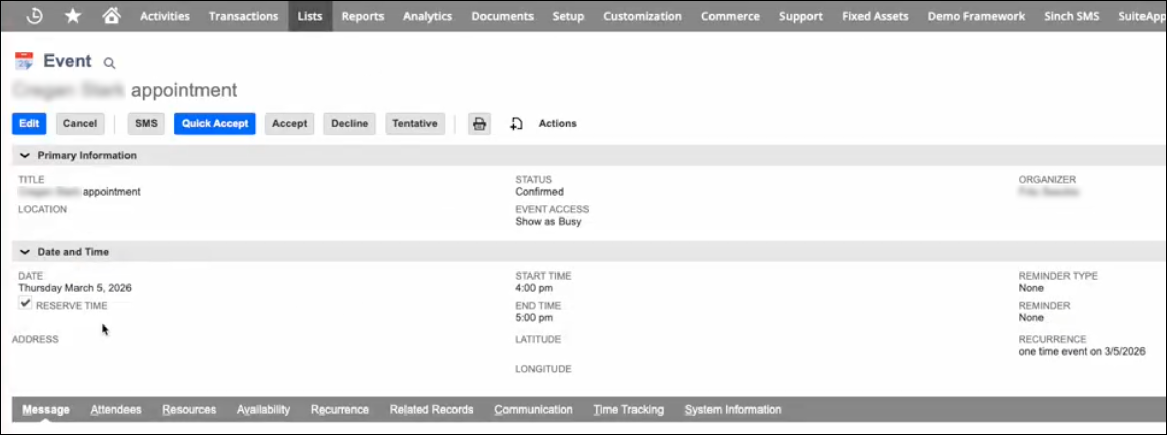 NetSuite productivity assistant updated rescheduled appointment.