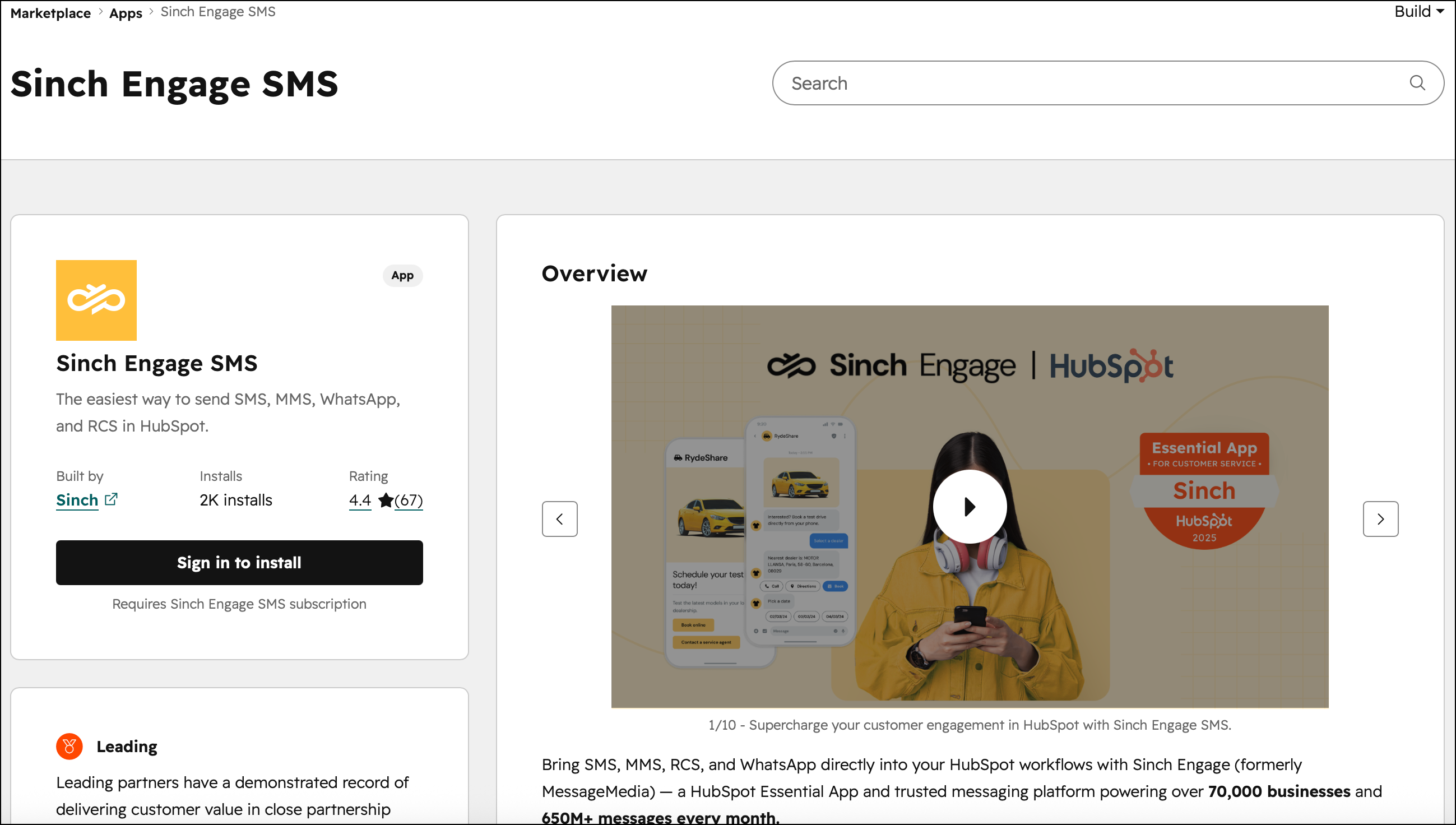 Instalar Sinch Engage SMS en el marketplace de HubSpot